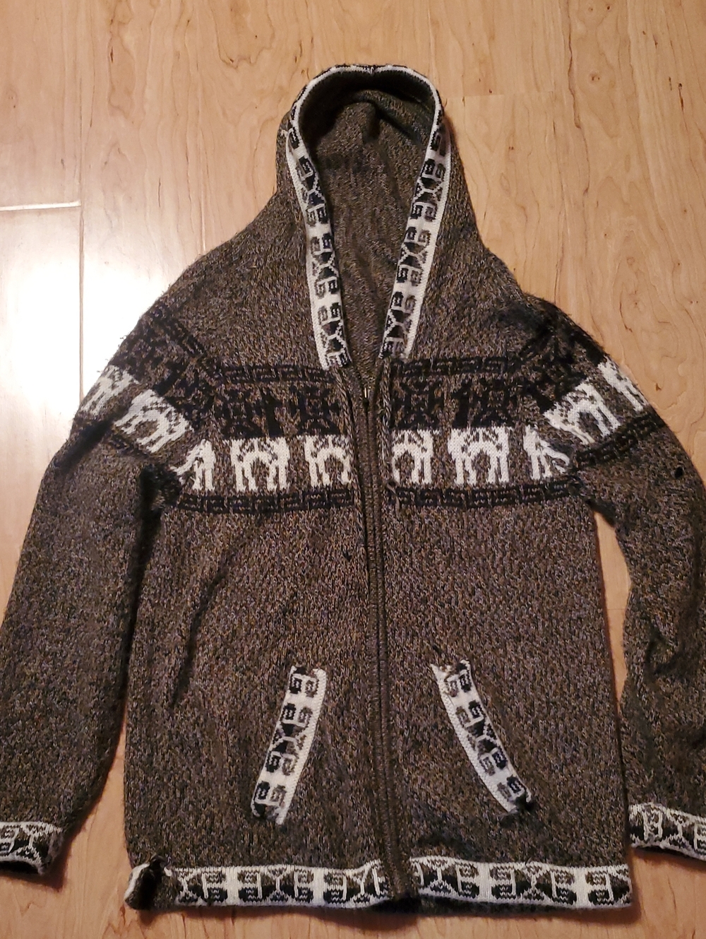 Unisex Hooded Alpaca-Style Zip Sweater - Brown with White Pattern